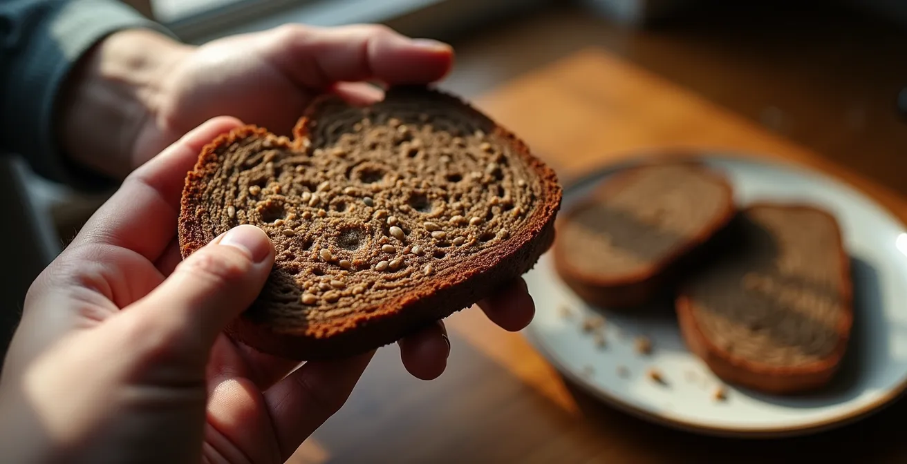 Nahaufnahme einer Hand, die achtsam ein Stück Pumpernickel hält