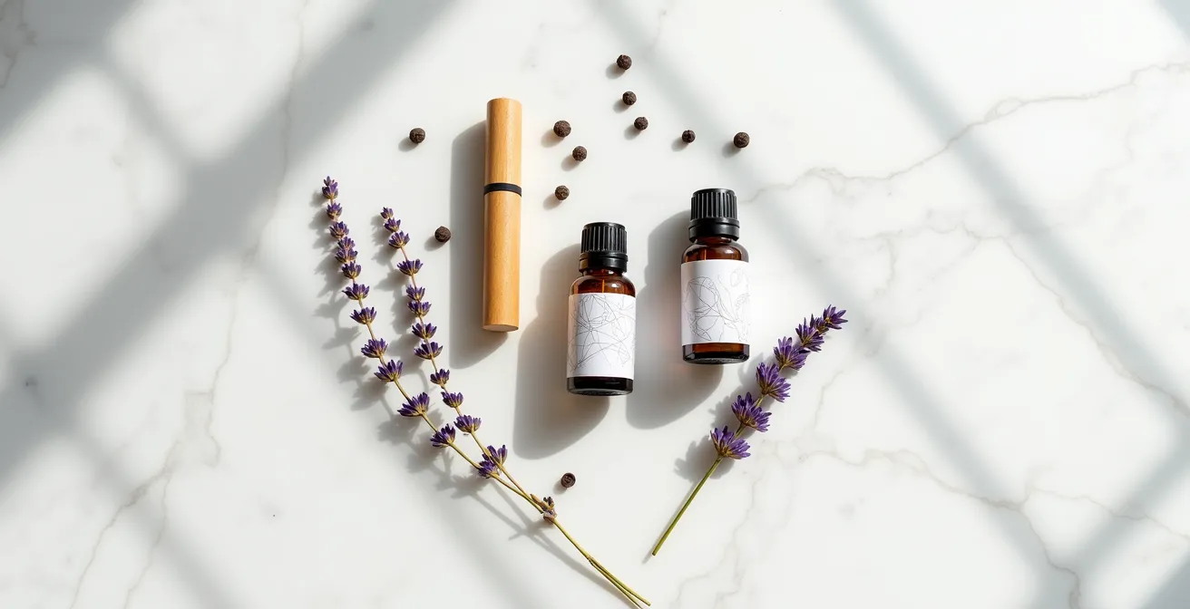 Minimalistisches Arrangement von Fläschchen mit ätherischen Ölen, einem hölzernen Riechstift und getrockneten Kräutern auf einer Marmoroberfläche.