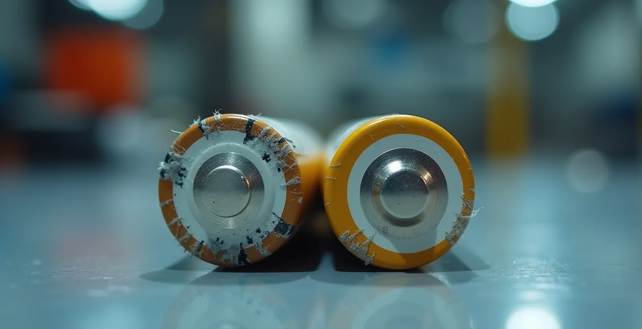 Makroaufnahme eines E-Zigaretten-Akkus mit beschädigter Isolierung