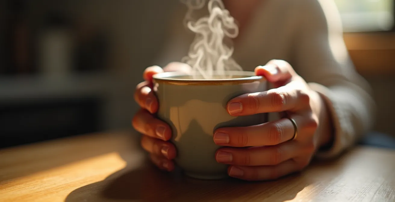 Nahaufnahme von Händen die achtsam eine Kaffeetasse halten mit Dampf der aufsteigt