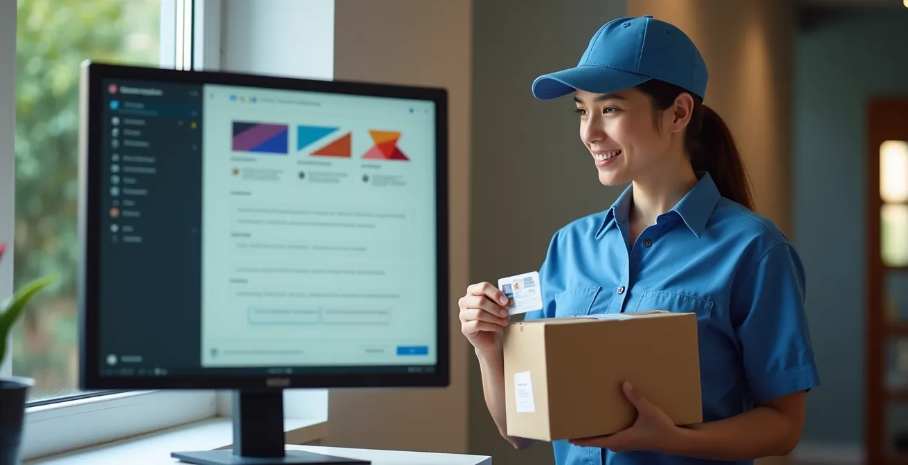 Geteilter Bildschirm zeigt Online-Verifikation und Paketzustellung mit Ausweiskontrolle