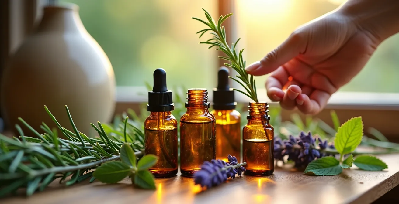 Makroaufnahme von ätherischen Ölen und frischen Kräutern