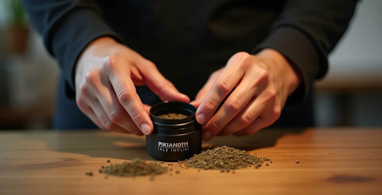 Zerkleinerte CBD-Blüten neben Grinder und Vaporizer-Kammer