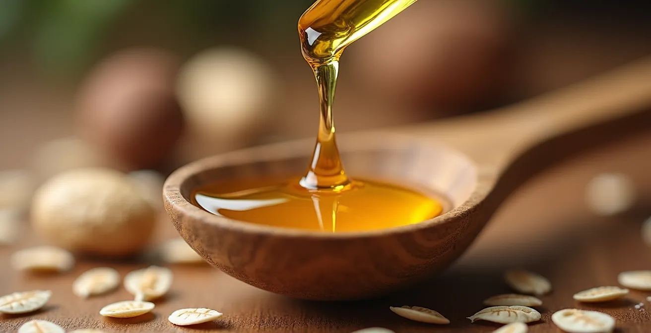 Makroaufnahme von CBD-Öltropfen mit Haferflocken und Sportutensilien im Hintergrund