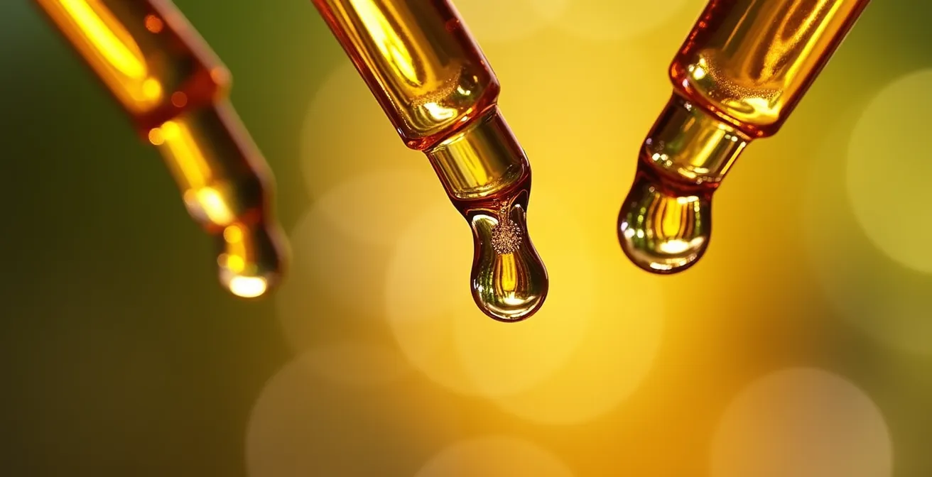 Makroaufnahme von CBD-Öltropfen in verschiedenen Konzentrationen