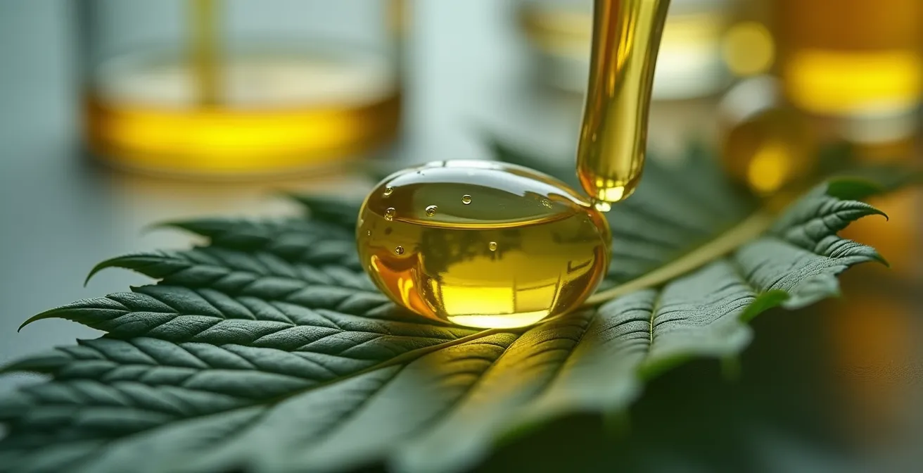 Makroaufnahme von CBD-Öltropfen auf Hanfblatt mit Laborglas, das Qualität und Analyse symbolisiert