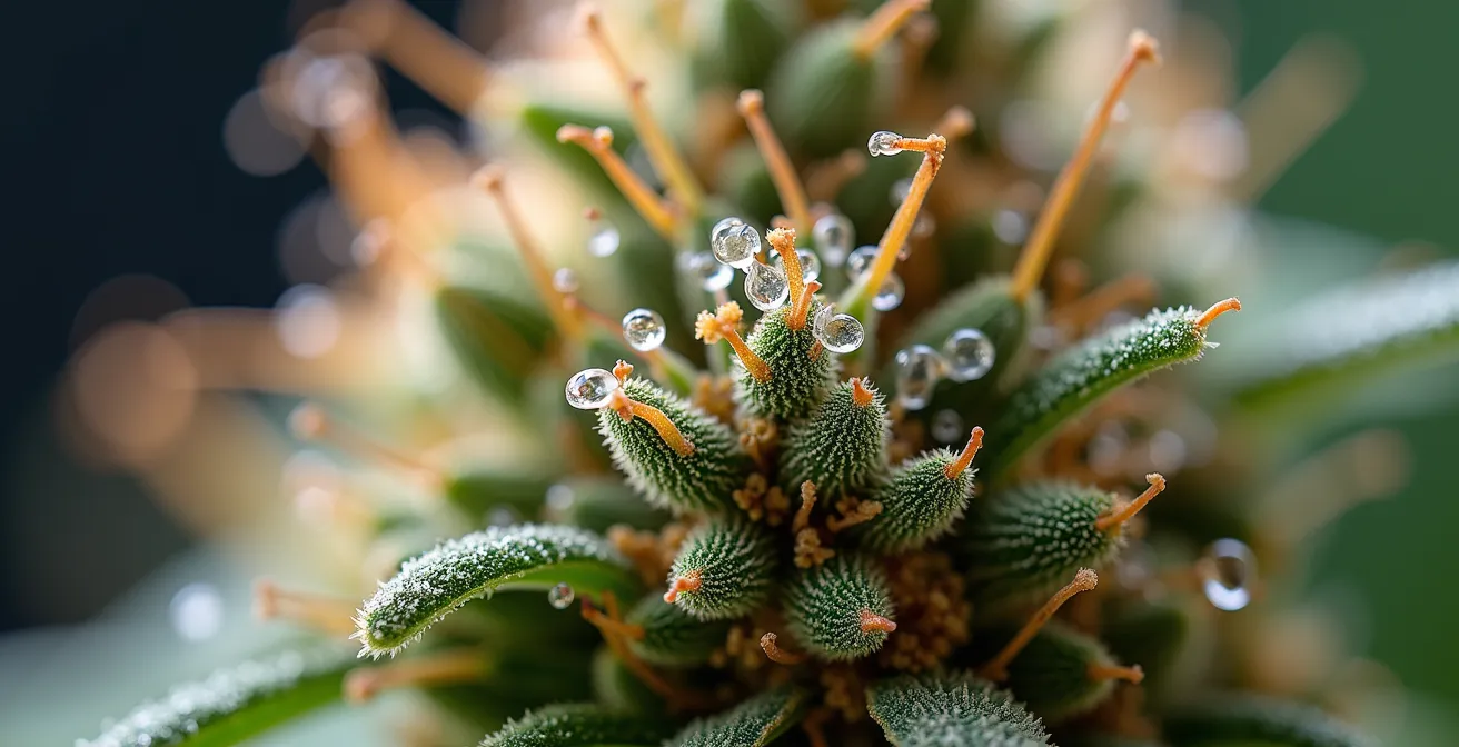 Makroaufnahme von CBD-Blüten mit sichtbaren Trichomen, die die Harzdrüsen zeigen.