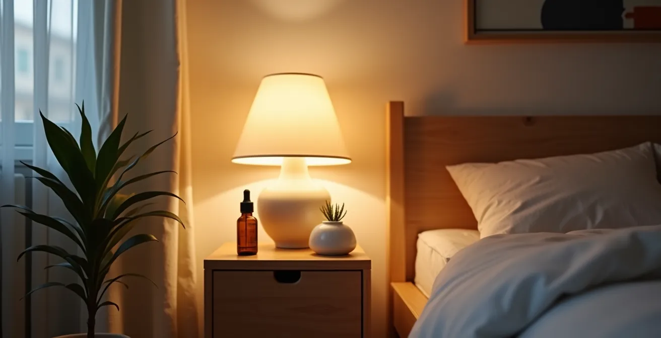 CBD-Tropfenflasche auf Nachttisch in beruhigendem Schlafzimmer-Ambiente