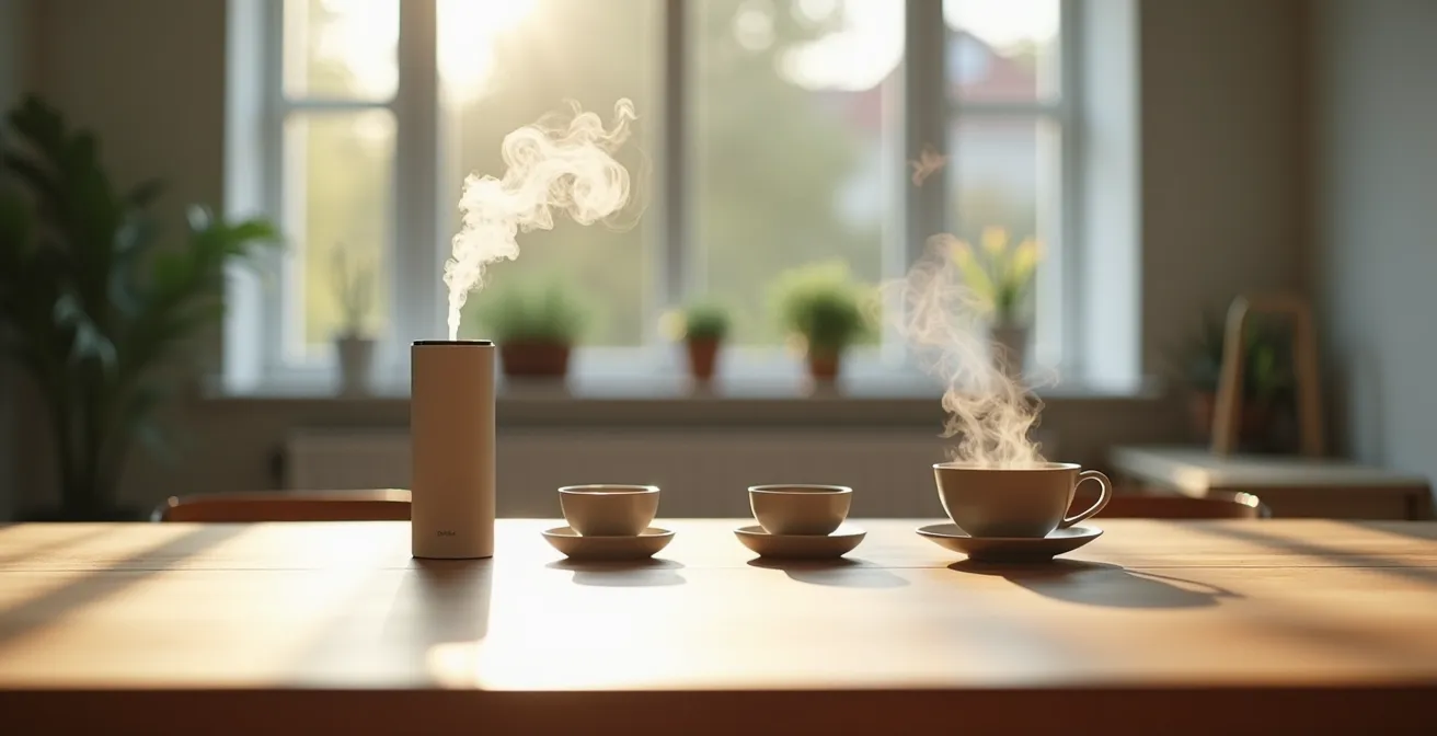 Zeitlicher Ablauf der CBD-Aufnahme visualisiert, links ein moderner Vaporizer, rechts eine Teetasse in einem minimalistischen Wohnzimmer.