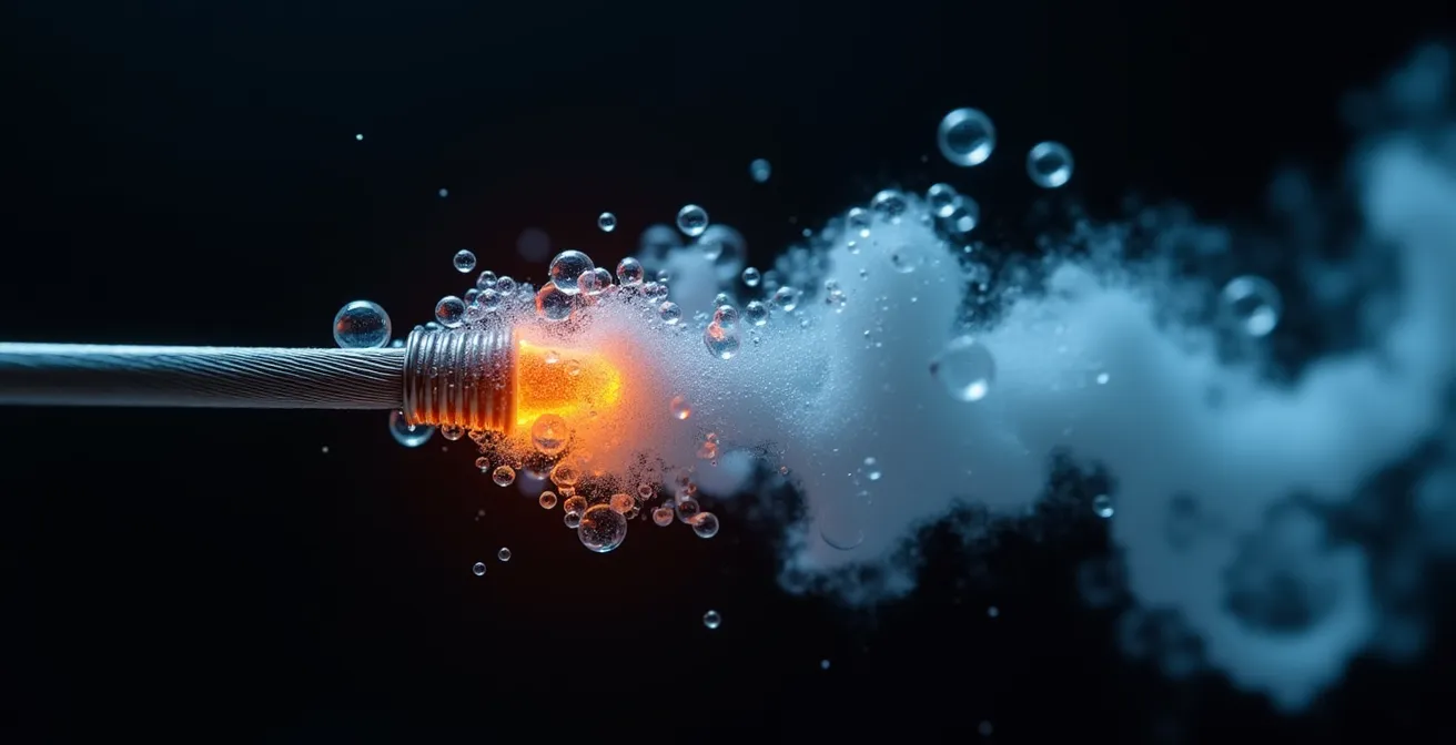 Makroaufnahme der Dampfentstehung an einer glühenden Heizspirale