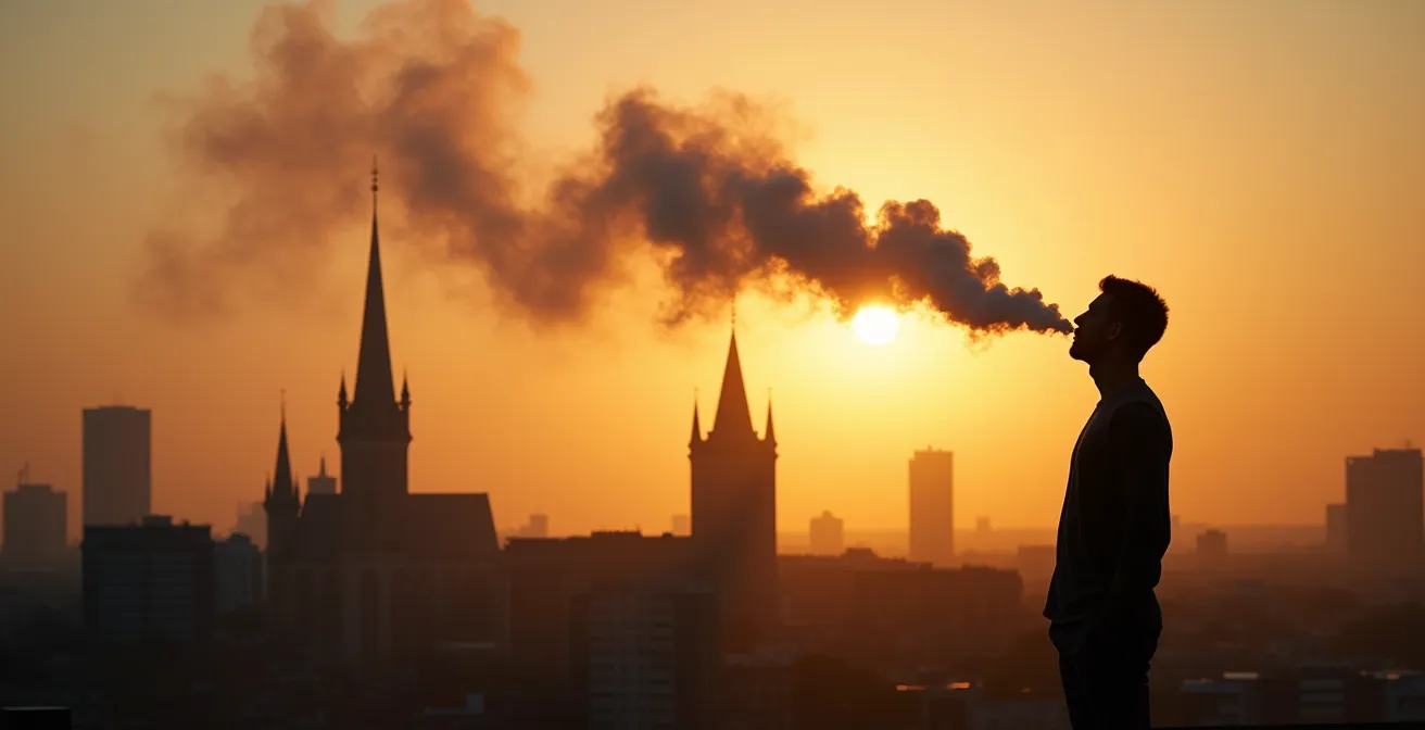 Silhouette einer Person mit E-Zigarette vor deutschem Stadtpanorama bei Sonnenuntergang