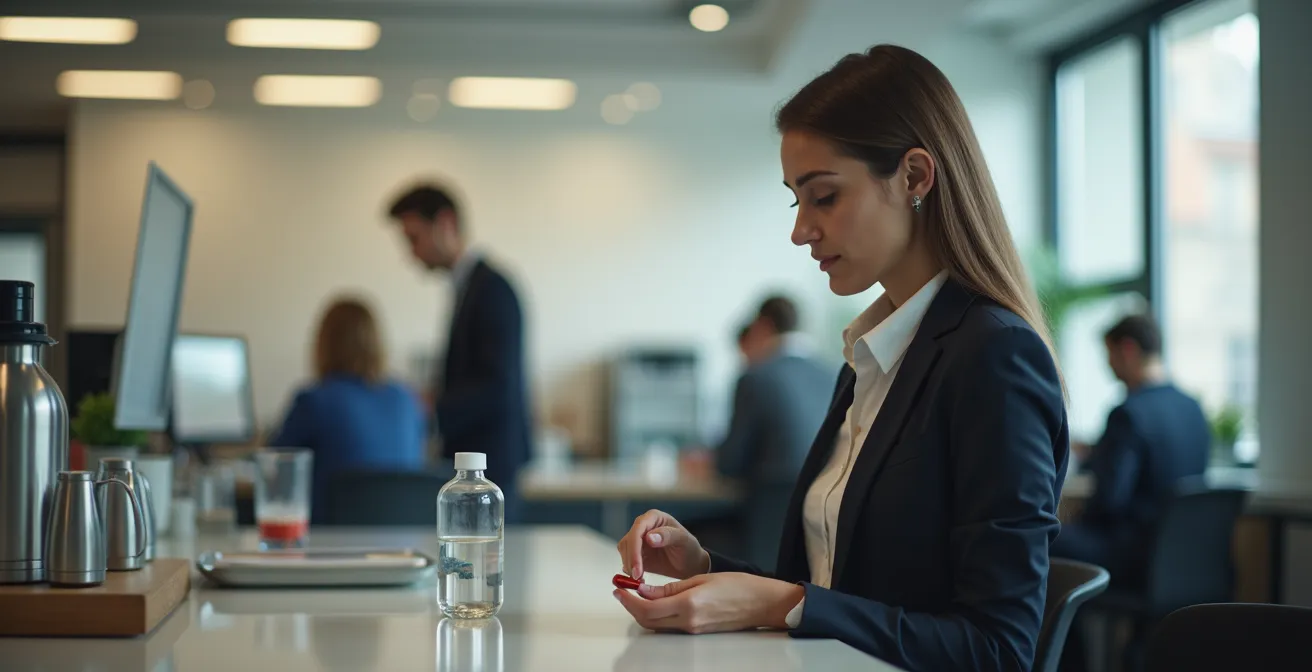 Eine Person nimmt diskret eine CBD-Kapsel in einer modernen Bürokantine ein, während Kollegen im Hintergrund Kaffee trinken.