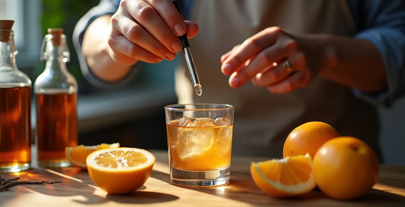 Professionelle DIY-Mischstation mit Glasflaschen und Früchten