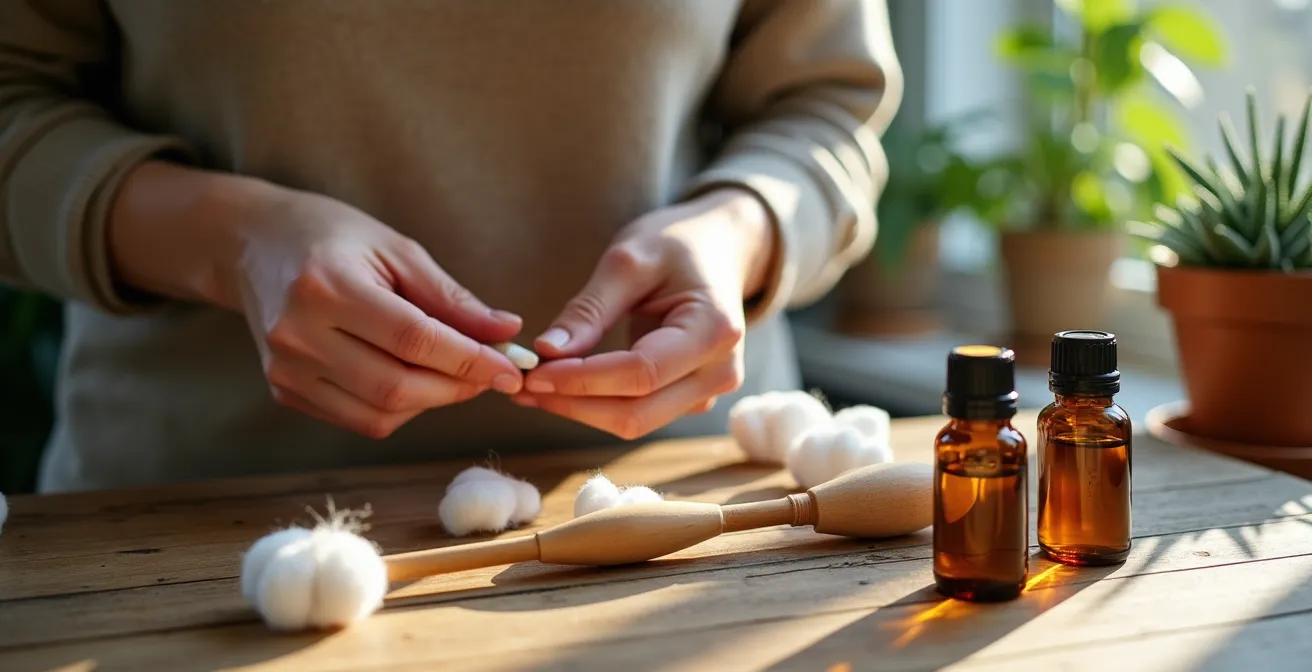 Hände, die sorgfältig einen Aromatherapie-Inhalierstift aus Holz zusammenbauen, umgeben von kleinen Fläschchen mit ätherischen Ölen.