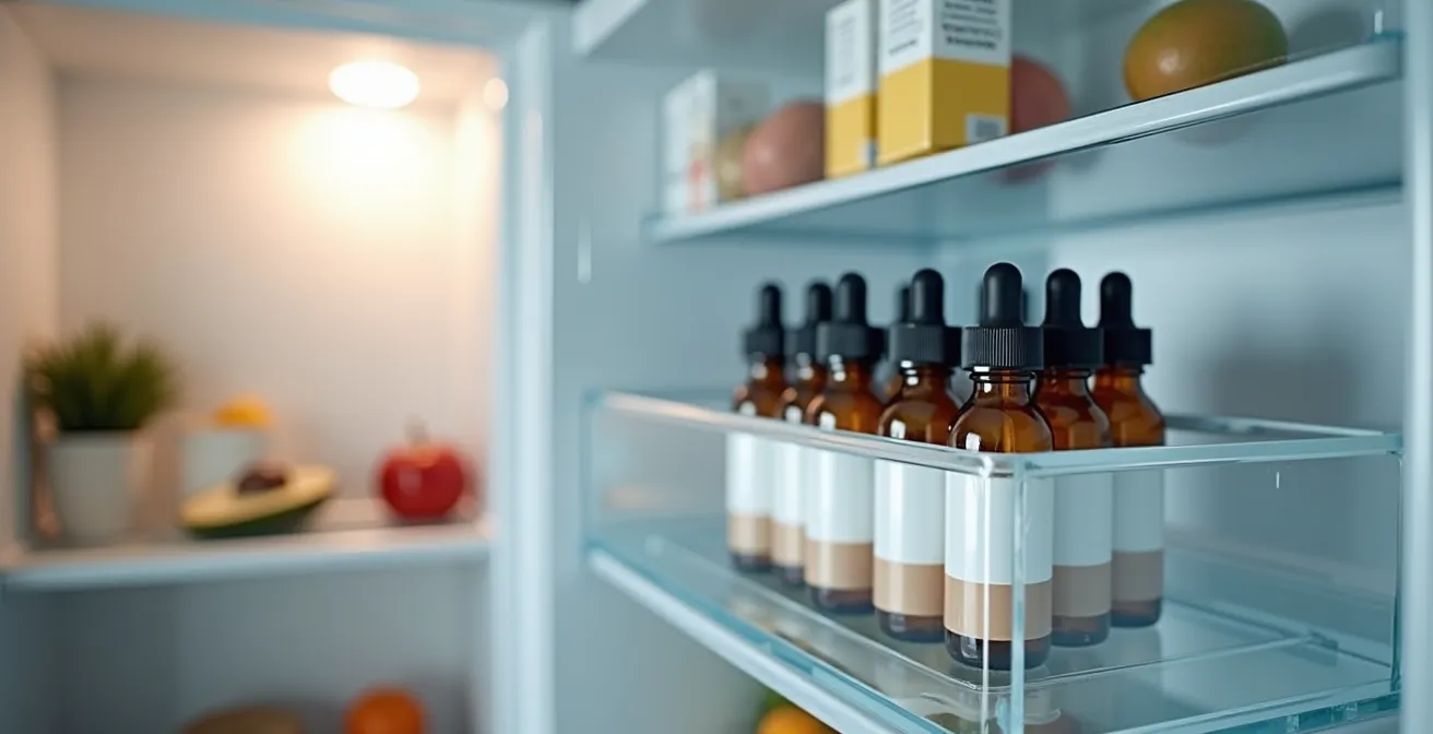 E-Liquid-Flaschen sicher in einem abschließbaren Behälter im Kühlschrank gelagert