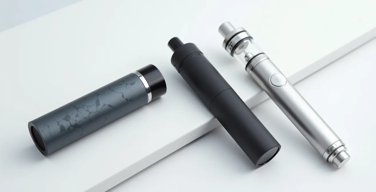 Drei verschiedene E-Zigaretten-Typen nebeneinander auf hellem Hintergrund