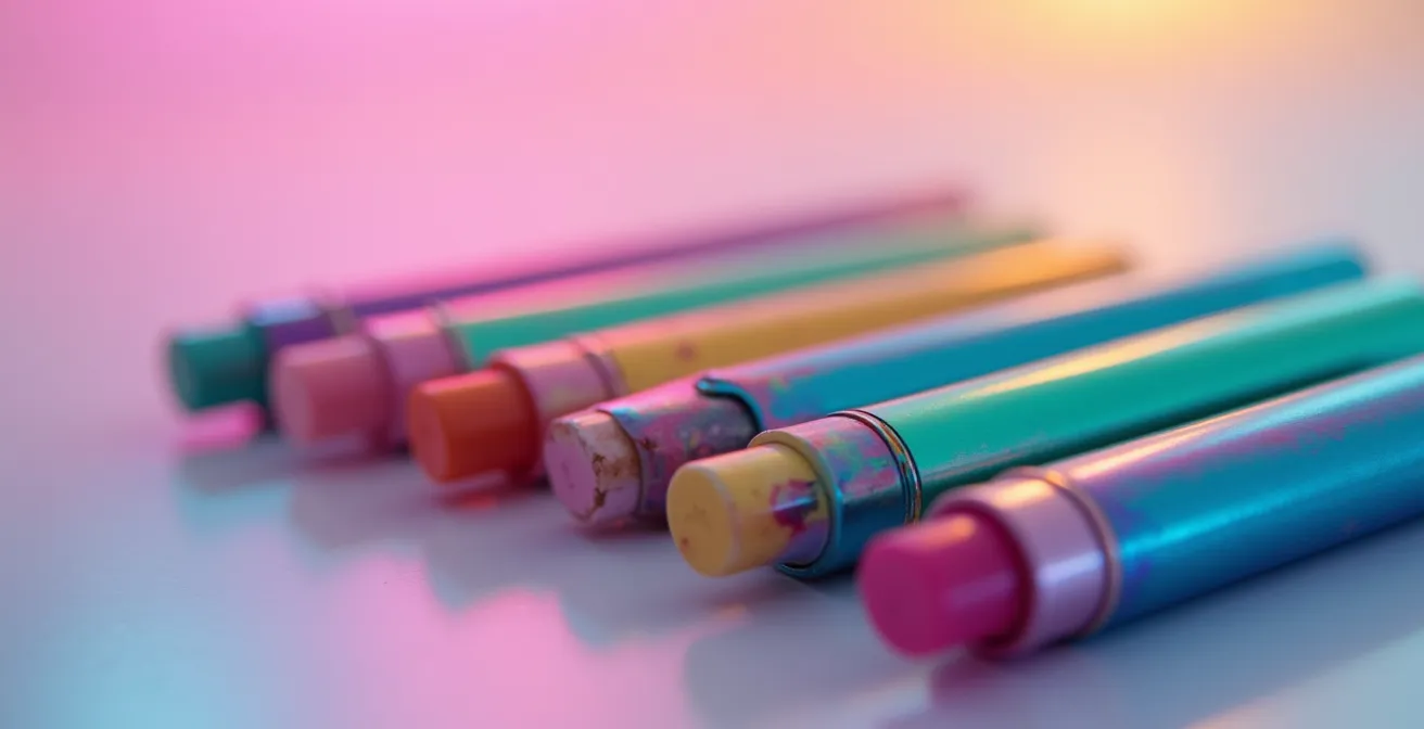 Makroaufnahme bunter Einweg-E-Zigaretten mit süßen Aromen