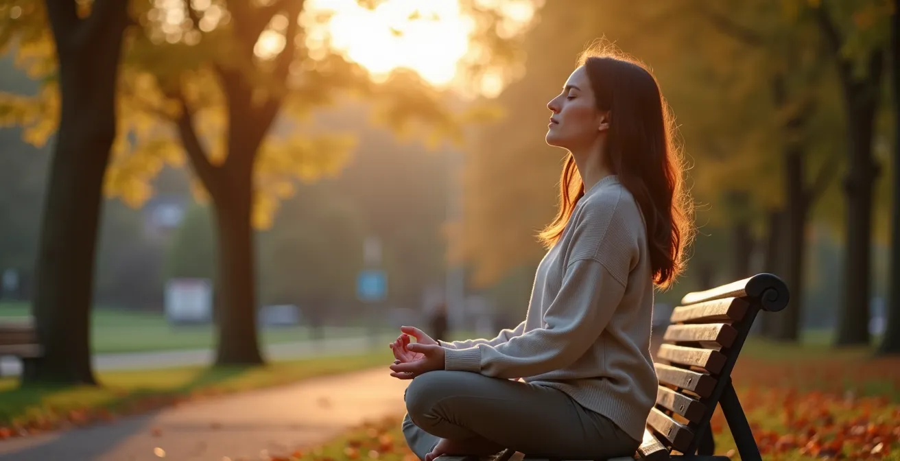 Person praktiziert Achtsamkeit in deutschem Stadtpark als Alternative zum Rauchen