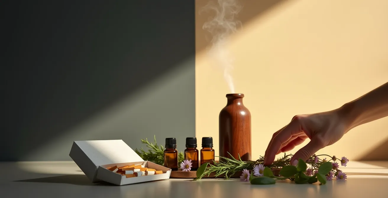 Symbolische Darstellung der emotionalen Reise beim Rauchstopp mit Aromatherapie, bei der eine Hand aus dem Schatten einer zerknüllten Zigarettenschachtel nach dem Licht eines Aromadiffusors greift.