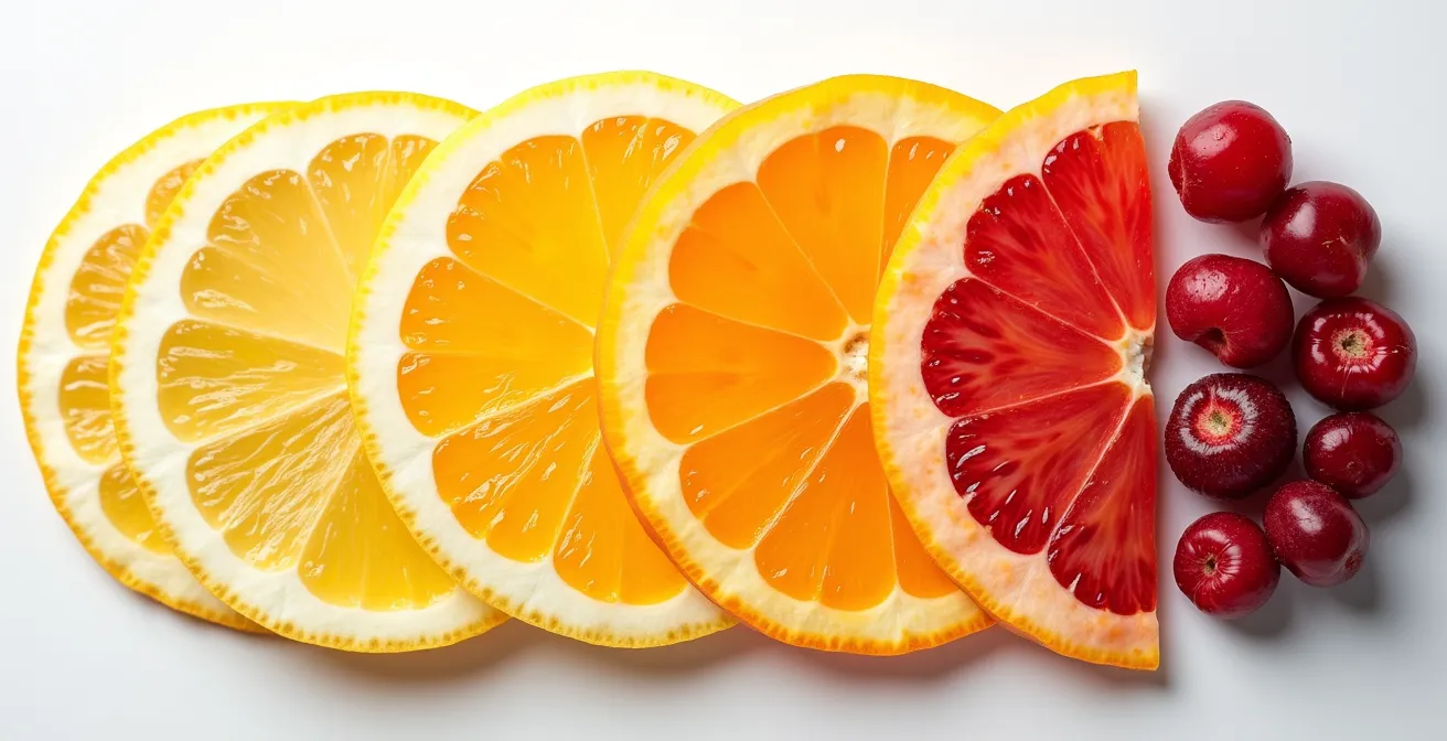 Stilisierte Darstellung verschiedener Früchte in einem Farbspektrum arrangiert