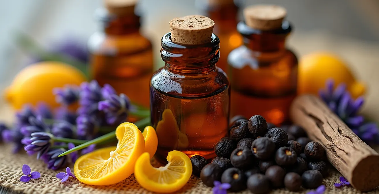 Makroaufnahme von fünf Fläschchen mit ätherischen Ölen, umgeben von Lavendel, Bergamotte, Weihrauch, Vetiver und schwarzem Pfeffer.