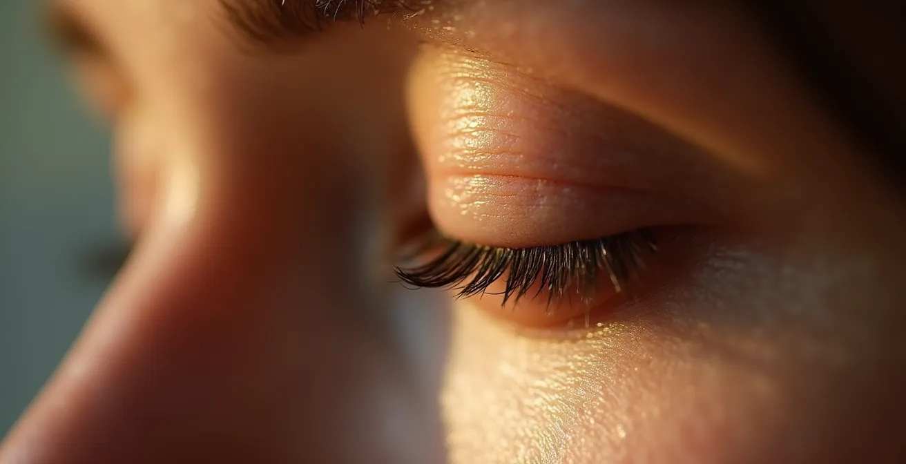 Makroaufnahme eines entspannten Gesichts während therapeutischer Hypnose, das Auge ist geschlossen