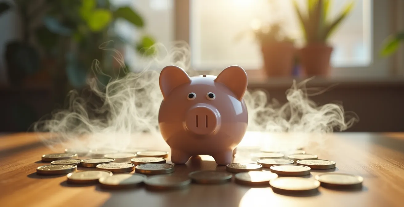 Sparschwein mit Dampfwolken und Euro-Münzen symbolisch dargestellt