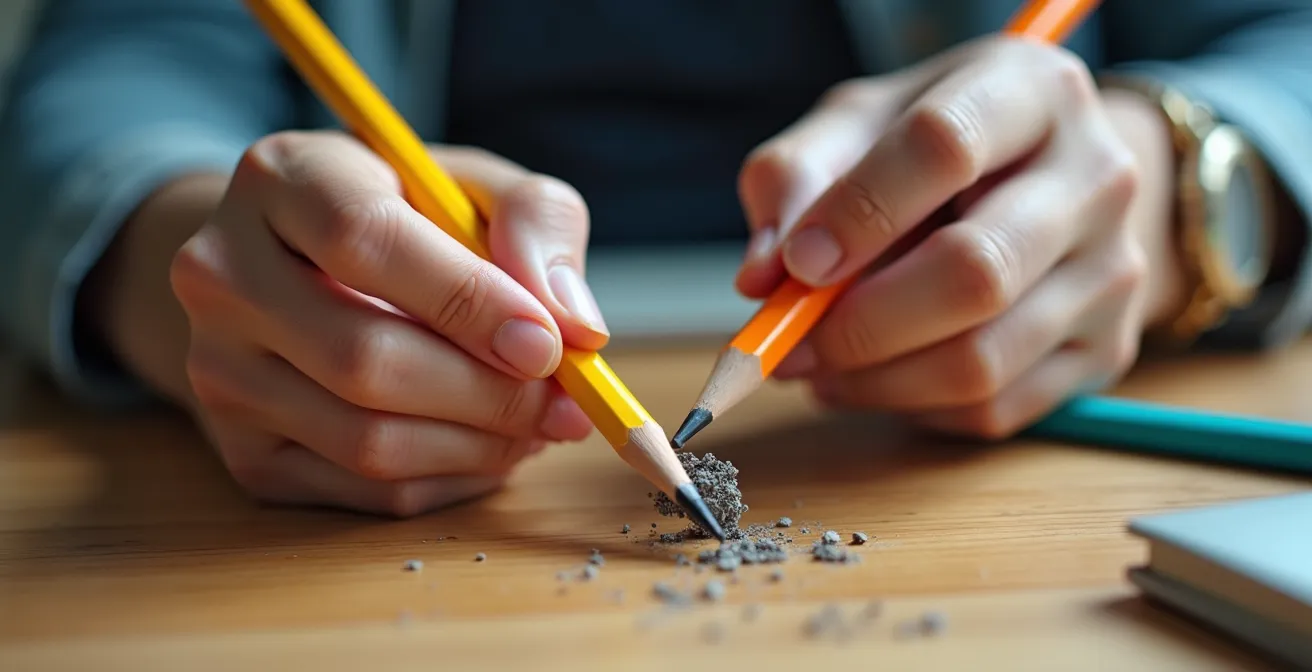 Nahaufnahme von Händen mit kreativen Werkzeugen statt Zigarette