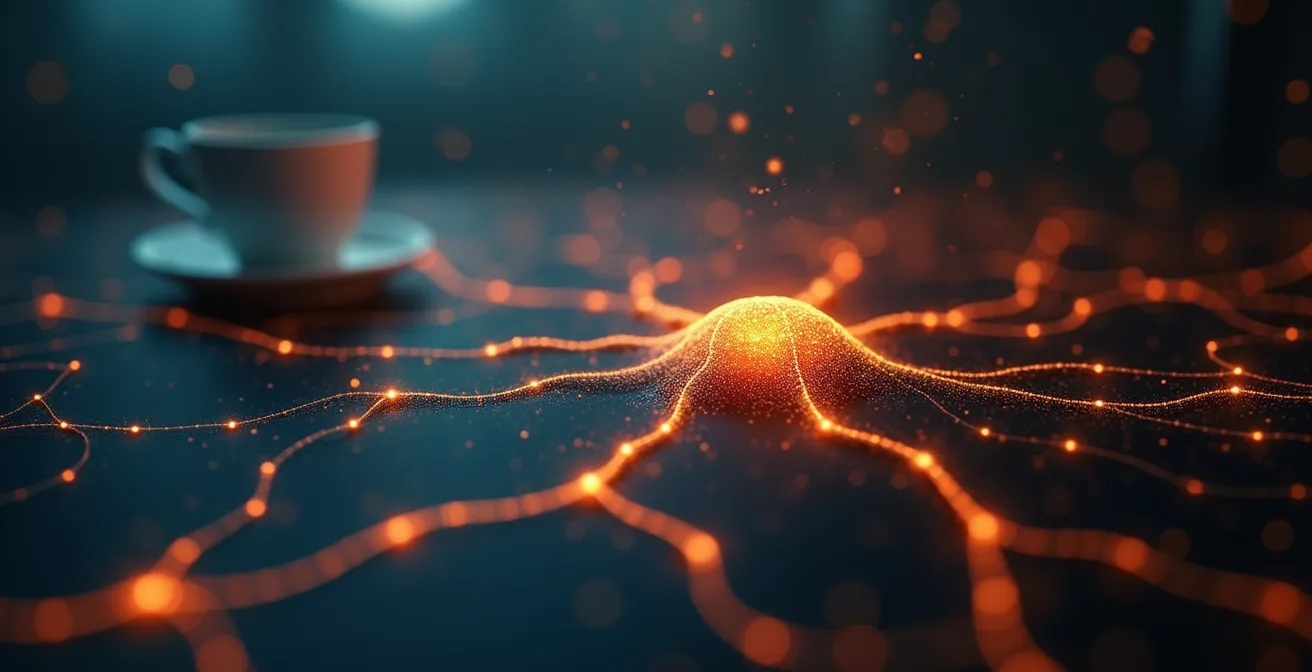 Eine abstrakte Darstellung eines Gehirns mit glühenden Verbindungen, die die mentalen Blockaden und die Raucher-Identität im deutschen Kontext symbolisieren.