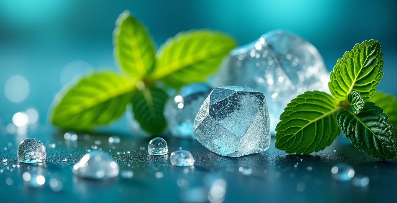 Makroaufnahme von Mentholkristallen und Minzeblättern