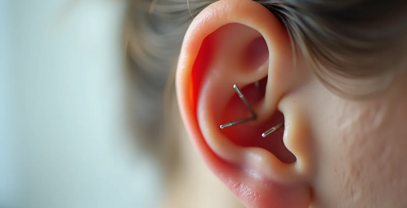 Nahaufnahme einer Ohrakupunktur-Behandlung nach dem NADA-Protokoll am Ohr einer Person.