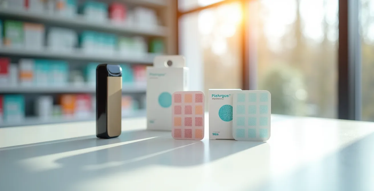 Apotheke mit verschiedenen Nikotinersatzprodukten auf dem Beratungstisch