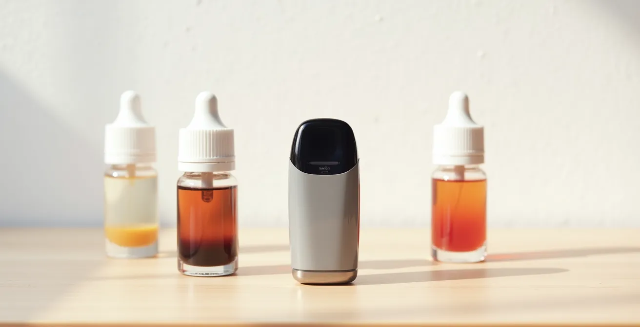 Minimalistisches Arrangement von Pod-System und Nikotinsalz-Liquids