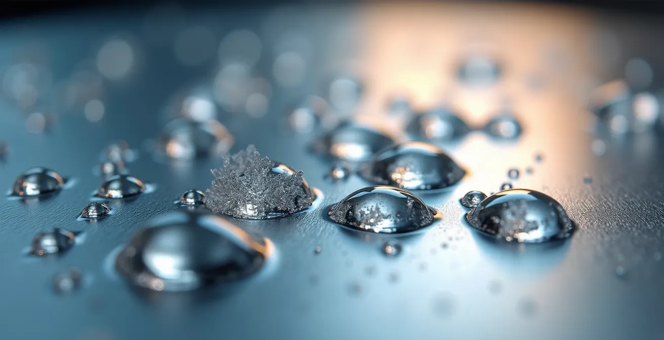 Makroaufnahme von Liquid-Tropfen mit kristallinen Strukturen auf Metalloberfläche