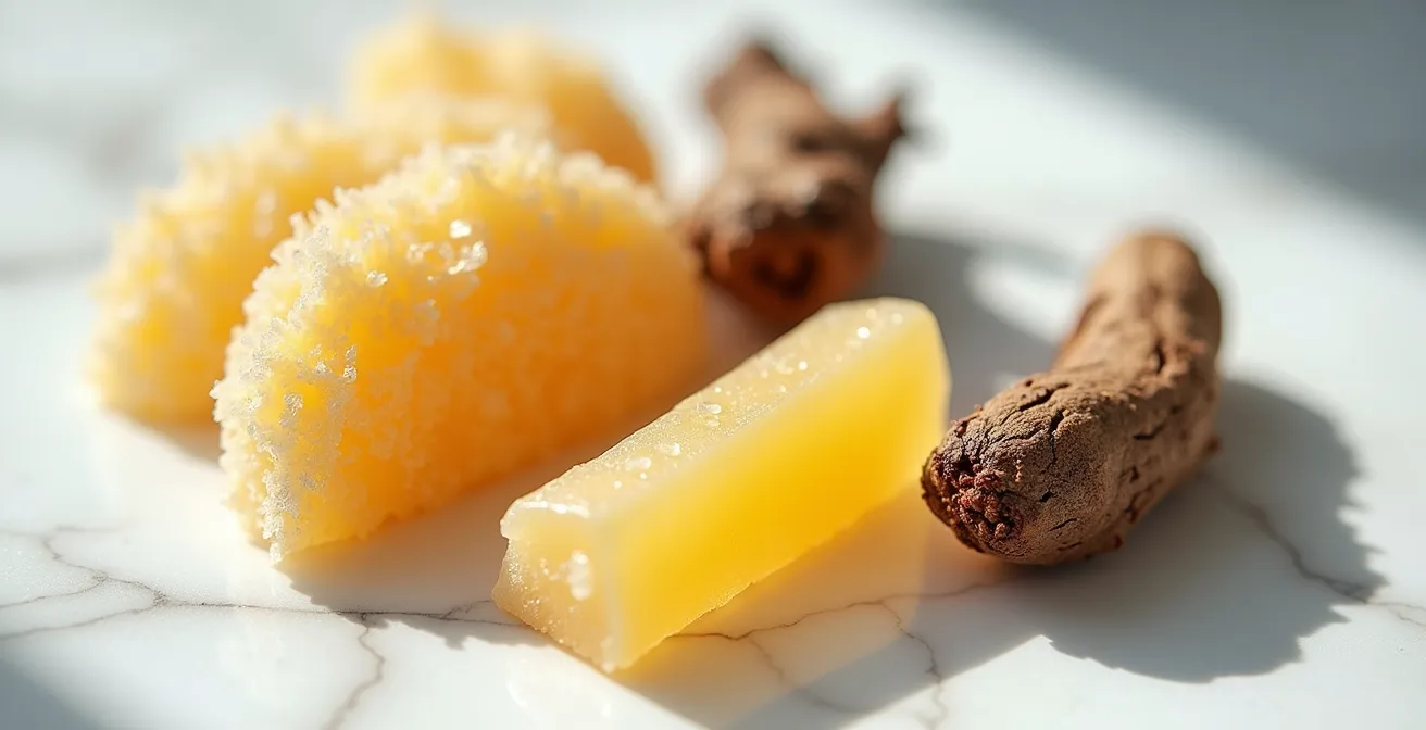 Makroaufnahme von Ingwerbonbons und Süßholzwurzeln als Teil eines Notfallkits zur Raucherentwöhnung