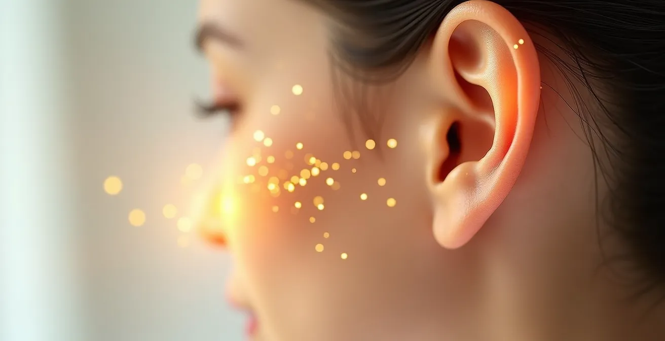 Detailaufnahme eines Ohres mit winzigen Akupunkturnadeln an spezifischen Suchtpunkten zur Raucherentwöhnung