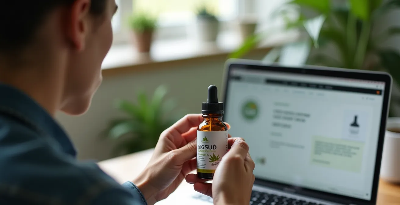 Person prüft CBD-Produkt-Zertifikate am Laptop