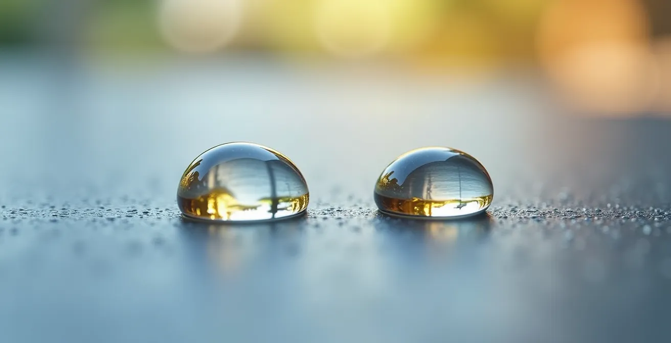 Makroaufnahme von E-Liquid-Tropfen mit unterschiedlicher Viskosität, die PG und VG repräsentieren