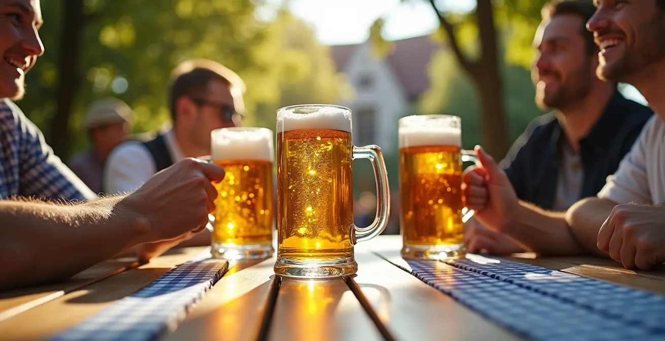 Gruppe von Menschen in einem deutschen Biergarten mit alkoholfreien Getränken