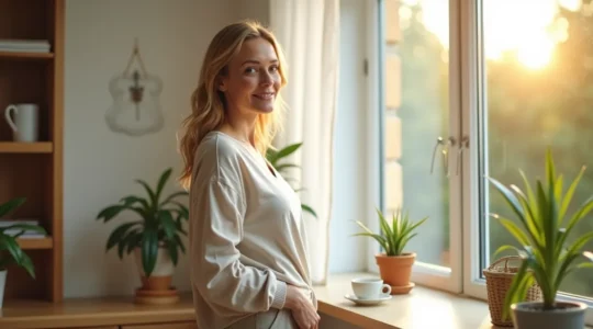 Eine Person steht in einem hellen, modernen Raum und blickt nach vorne. Ihr Gesichtsausdruck wirkt ruhig und zuversichtlich. Sie trägt lockere, helle Kleidung. Der Raum ist minimalistisch mit natürlichem Licht, grünen Pflanzen und offenen Fenstern im Hintergrund.