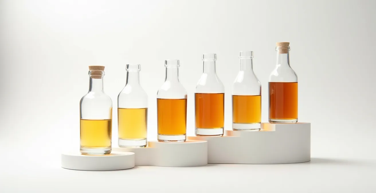 Liquid-Flaschen in verschiedenen Reifestadien mit Farbverlauf