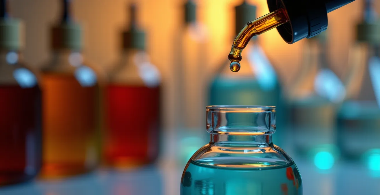 Präzise Rezeptmischung mit Glasgefäßen und verschiedenen Aromen