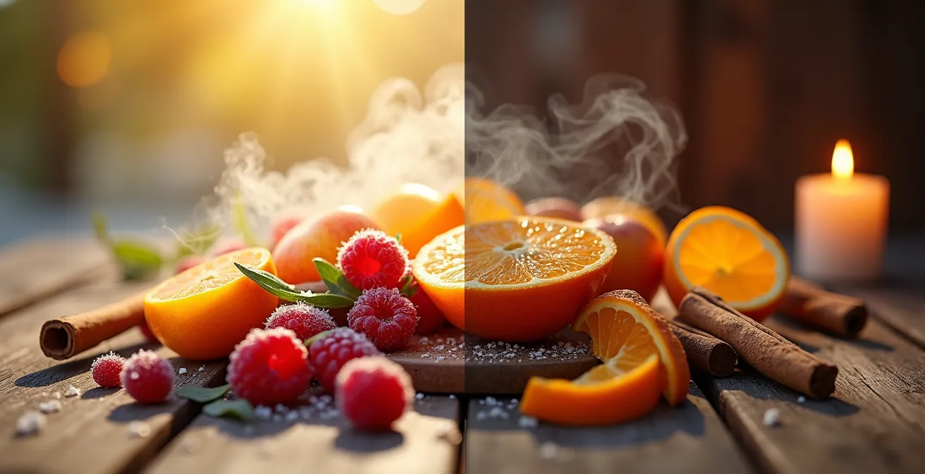 Geteilte Komposition zeigt sommerliche und winterliche Früchte mit Dampf