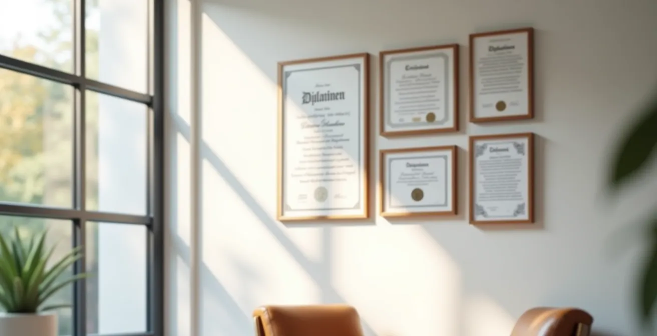 Professionelle Zertifikate und Qualifikationsnachweise eines deutschen Hypnotherapeuten an einer Bürowand