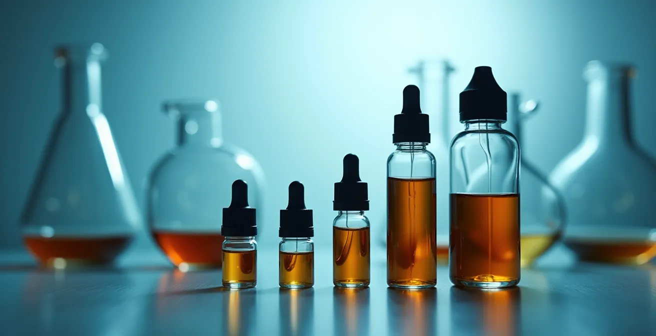 Makroaufnahme von Shortfill-Flaschen mit Nikotinshots und Mischzubehör, die den Mischvorgang symbolisieren