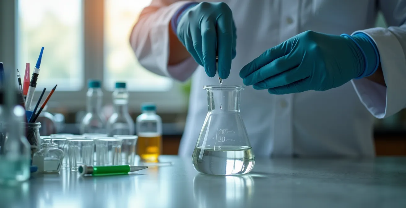 Ordentlicher Arbeitsbereich zum Mischen von E-Liquids mit Messutensilien