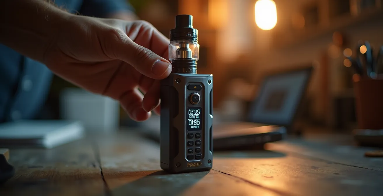 Hand justiert Watt-Einstellung an E-Zigaretten-Display