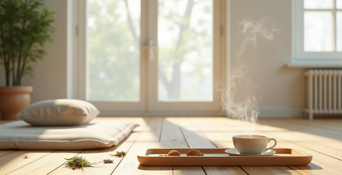 Eine dampfende Teetasse mit Kräutern in einer ruhigen, minimalistischen Atmosphäre, die den ganzheitlichen Ansatz der TCM symbolisiert.
