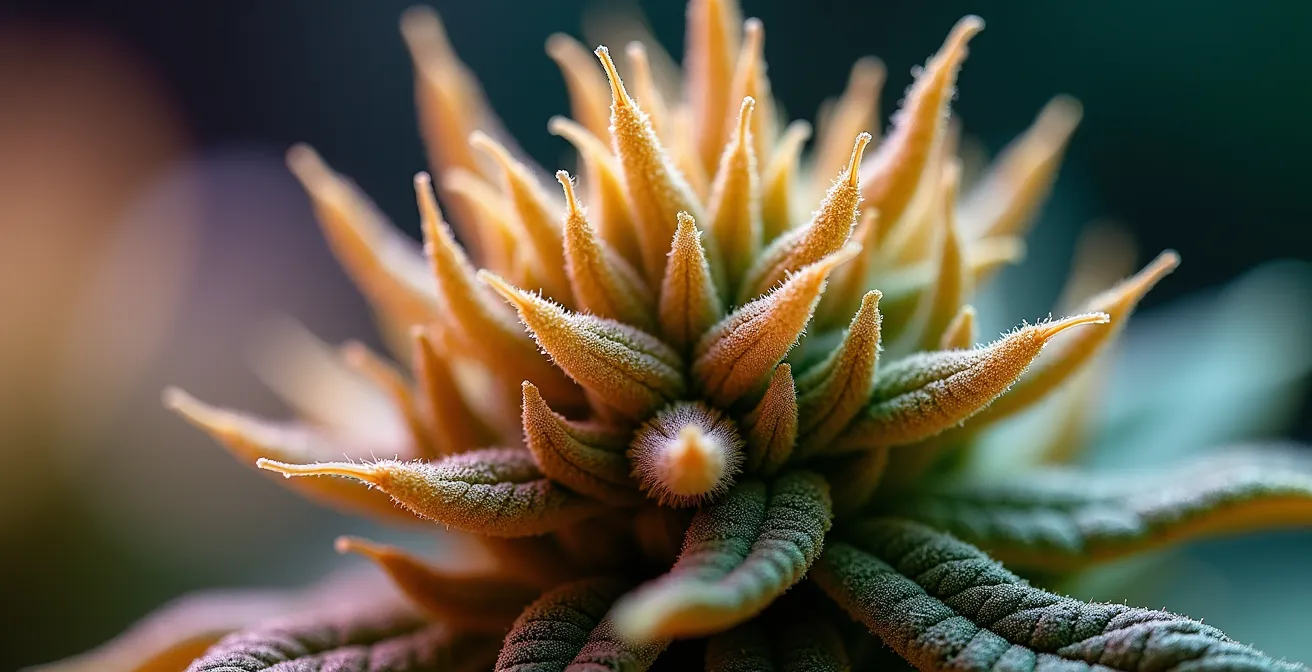 Makroaufnahme von Cannabistrichomen mit sichtbaren Terpen-Öltröpfchen