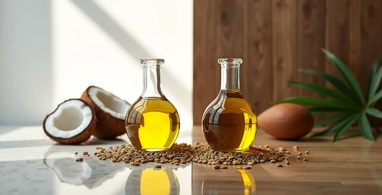 Stillleben mit MCT-Öl aus Kokosnuss und Hanfsamenöl in eleganten Glasflaschen